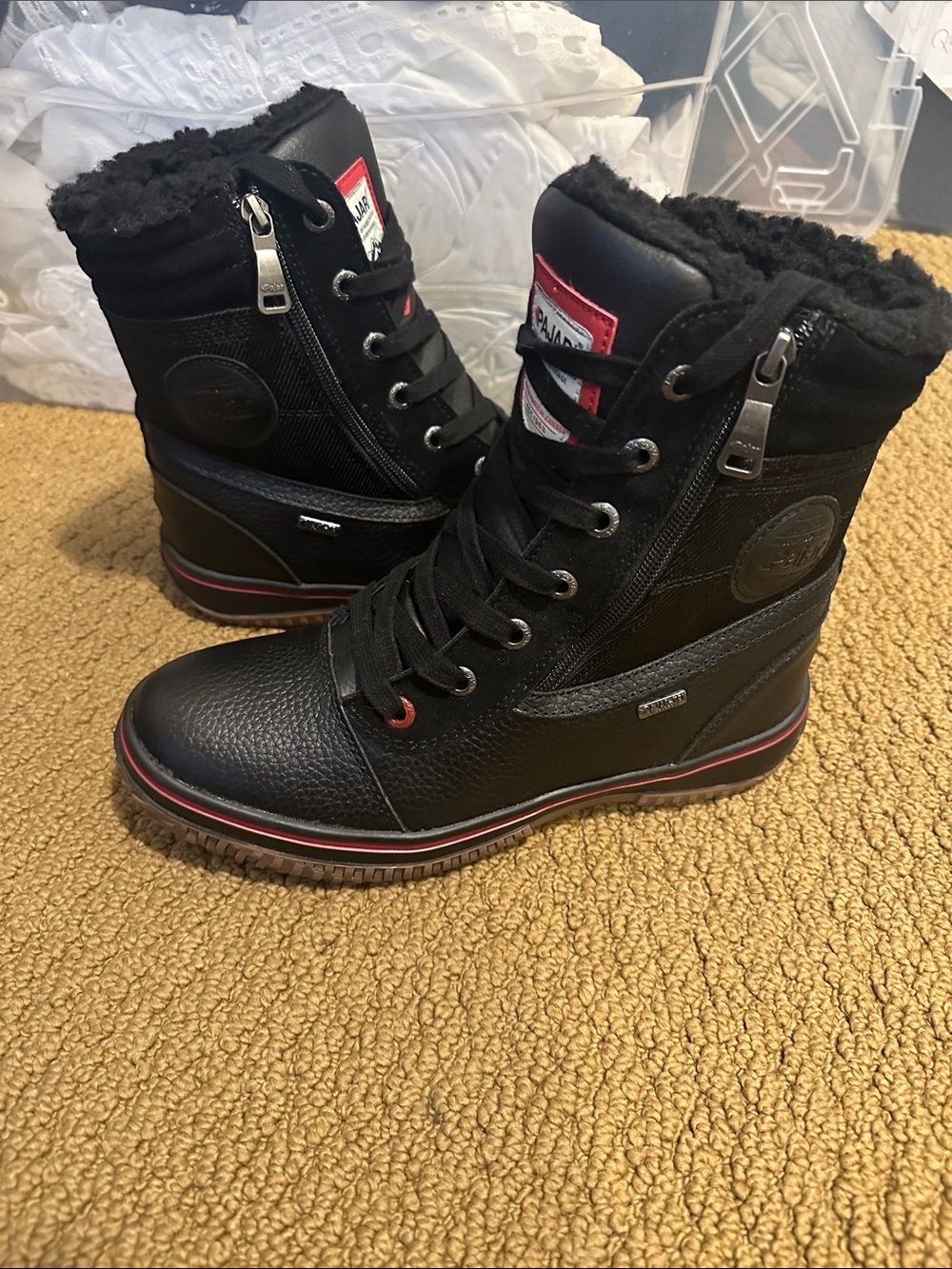 Pajar Black Lace-Up Winter Boots with Red Accents